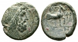 Macedon, Amphipolis, c. 187-168/7 BC, Æ, 6.26g, 16mm. Head of Poseidon right / Horse prancing right; monogram to right. Touratsoglou 8; SNG ANS 128. V...