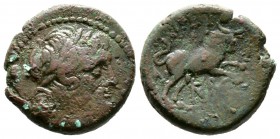 Macedon, Amphipolis, c. 187-31 BC, Æ, 8.45g, 19mm. Laureate head of Zeus right / Bull butting right; monogram below. SNG ANS -; SNG Cop. 63; BMC -. Go...