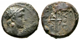 Macedon, Amphipolis, c. 187-168/7 BC, Æ, 4.61g, 16mm. Wreathed head of the river god Strymon right / Ornamented trident head right; [two monograms]. C...