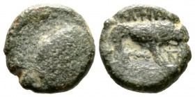 Macedon, Amphipolis, c. 148-32/1 BC, Æ, 3.62g, 13mm. Head of Herakles r., wearing lion skin / Lion standing r.; club and monogram below. Mouchmov 6023...