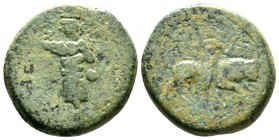 Claudius (41-54), Macedon, Amphipolis, Æ, 11.69g, 22mm. Emperor standing left in military attire, raising hand in salute and holding eagle-tipped scep...