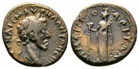 Marcus Aurelius (161-188), Macedon, Amphipolis, Æ, 5.10g, 18mm. Laureate head right / Artemis standing left, holding long torch and branch. RPC IV Onl...