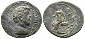 Marcus Aurelius (161-188), Macedon, Amphipolis, Æ, 8.27g, 25mm. Bareheaded, draped and cuirassed right / Tyche seated left, holding patera. RPC IV Onl...