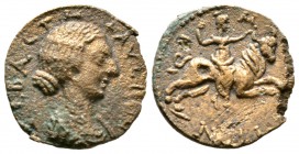 Faustina Junior (Augusta, 147-175), Macedon, Amphipolis, Æ, 3.05g, 17mm. Draped bust right / Artemis Tauropolos riding bull right. RPC IV Online 9854 ...