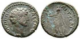 Lucius Verus (161-169), Macedon, Amphipolis, Æ, 5.92g, 19mm. Bare head right / Artemis Tauropolos standing left, holding long torch and twig. Varbanov...