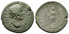 Lucius Verus (161-169), Macedon, Amphipolis, Æ, 4.83g, 19mm. Bare head right / Artemis Tauropolos standing left, holding long torch and twig. Varbanov...