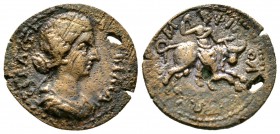 Lucilla (Augusta, 164-182). Macedon, Amphipolis, Æ, 3.21g, 20mm. Draped bust right / Artemis Tauropolos riding bull right. RPC IV Online 7821 (tempora...