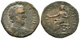Commodus (177-192), Macedon, Amphipolis, Æ, 8.23g, 22mm. Laureate, draped and cuirassed bust right / Tyche seated left, holding patera; beneath, cresc...