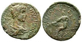 Elagabalus (218-222), Macedon, Amphipolis, Æ, 6.19g, 22mm. Laureate, draped and cuirassed bust right / Tyche seated left, holding patera over altar. V...