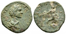 Elagabalus (218-222), Macedon, Amphipolis, Æ, 6.65g, 22mm. Laureate, draped and cuirassed bust right / Tyche seated left, holding patera over altar. V...