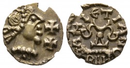 Merovingians, Banassac, Tremissis, in the style of Sigebert III, 639-656, 1.18g, 12mm. Diademed head left; two crosses before / Chalice, BAH in exergu...