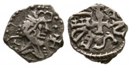 Merovingian, Marseilles, Patriarch Ansedert, Silver Denier, 1.10g, 9mm. Bust right with cross in front / Cross, ANSEDER. Chabouillet, Cimiez hoard no....