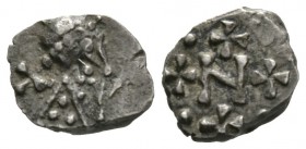 Merovingians, Marseille, c. 700-710, Denier, 1.19g, 10mm. Nemfidius, patrician. Bust right; cross behind / Large N surrounded by four crosses and four...