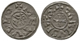 Carolingians, Melle, Charles the Bald as King of the West Franks (840-77), AR penny / denar, 1.70g, 21mm. CARLVS REX+ Cross / Karolvs mongram METVLLO+...
