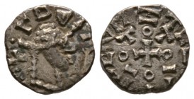 England, Anglo Saxon, Middle Thames region, Anonymous, c. 680-710 AD, Silver Sceatta, Series F, 1.09g, 10mm. Bust right with diadem and pellets for ha...