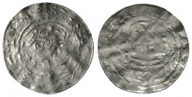 Germany, MAINZ? Imperial mint, Uncertain, Silver penny / denar, 1.26g, 22mm. Cf Dbg. 807 Obv: Facing crowned bust, inscription illegible Rev: Building...