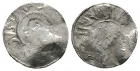 Germany, SAXONY, Dukes, Bernhard (973-1011), Silver penny / denar, 1.23g, 17mm. Dbg 585 Obv: Head left, [BERNHA]RDVSDVX Rev: Cross, legends blundered ...