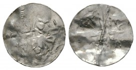 Unidentifed Mint, Anonymous, Silver penny / denar, 0.68g, 16mm. Obv: Voided cross, letters in angles Rev: Uncertain Crack across coin, creased and pec...