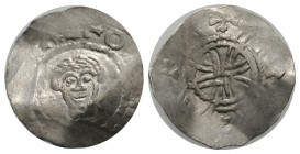 Unidentified mint, possibly Strasbourg region, Anonymous, Silver penny / denar, 0.94g, 19mm. For reverse cf. Dbg 1321 Obv: Facing Head Rev: Cross form...