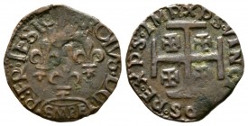 Italy Sulmona, Kings of France, Charles VIII (1495), AE Cavallo, 1.87g, 16mm. KROLVS DG – R FR IESIC, crown above three lis, in cartouche SMPE / Cross...