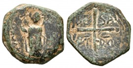 Crusaders, Antioch, Roger of Salerno (1112-19), Æ follis. First type, 4.76g, 20mm. Christ standing with right arm raised in blessing / DNE - SAL - FT ...