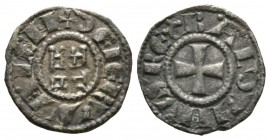 Crusaders, King of Jerusalem, Baldwin III (1143-63), Billon Denier, 0.79g, 15mm. BΛL∂VINVS RЄX, cross pattée / ∂Є IЄRVSALЄN, Tower of David. Smooth co...