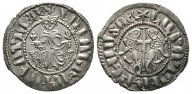 Cilician Armenia, Levon I (1198-1219), Tram, 2.88g, 23mm. Levon seated facing on lion throne, footstool below / Two lions rampant back-to-back, each w...
