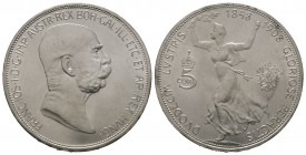 Austria, Franz Joseph I (1848-1916), 5 Corona 1908, 60th anniversary of reign, 24.10g, 36mm. KM 2809. Marks in fields otherwise Extremely Fine