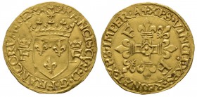 France, François I (1515-1547). AV Écu d’or au soleil, 3.37g, 26mm. Crowned royal coat-of-arms; sun above crown; annulet below shield; crowned F flank...