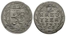Germany, Hessen-Darmstadt, Ludwig VIII (1739 - 1768), 2 Kreuzer 1743, 0.92g, 18mm. Schütz 2949. Extremely Fine, Mint