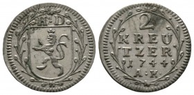 Germany, Hessen-Darmstadt, Ludwig VIII (1739 - 1768), 2 Kreuzer 1744, 1.01g, 19mm. Schütz 2955. Extremely Fine, Mint