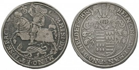 Germany, Mansfeld-Schraplau, Heinrich II (1591-1601), Spruchtaler 1601, 28.28g, 41mm. Davenport 9529. Toned, filed on edge, nearly Very Fine. From the...