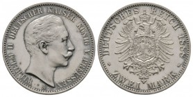Germany, Prussia, Wilhelm II (1888-1918), 2 Mark, 1888 A, head right, rev arms on small eagle (AKS 133; J 100). In PCGS holder graded MS62 From the co...