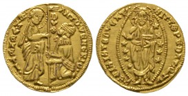 Italy, Venezia, Antonio Veniero (1382-1400), Zecchino, 3.47g, 21mm. St. Mark standing right, presenting banner to kneeling Doge / Christ within mandor...