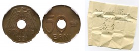 Romania, Ferdinand I, pattern 50 Bani, 1921, 91% copper, 9% aluminium. Stamb. 096:1.6 Bronze Together with hand written ticket ‘Cu 91, Al 9’ Graded by...