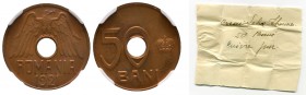 Romania, Ferdinand I, pattern 50 Bani, 1921, pure Copper. Stamb. 096:1.7, Copper Together with hand written ticket ‘Cuivre pur' Graded by NGC MS64RB A...