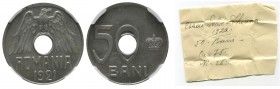 Romania, Ferdinand I, pattern 50 Bani, 1921, 75% copper, 25% nickel. Stamb. 096:1.11, Copper-Nickel Together with hand written ticket Cu 75, Ni 25 Gra...