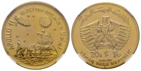 Yemen, proof gold 20 riyals, Apollo 11 landing type, Qadhi Mohammed Mahmud Azzubairi Memorial, AGW 0.5671oz. KM8. NGC graded PF67
