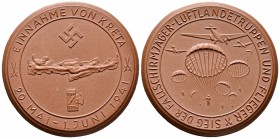Germany, Kreta. Conquest of Crete Medal, 1941. Brown Porcelain, 50mm. Relief map of Crete between swastika and fasces / Aircraft and parachutes landin...