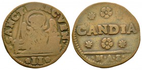 Italy, Venice, Candia (Crete), Gazzetta (2 soldi), decree of 9 August 1653. Lion of St. Mark facing, holding sword / CANDIA, rosette flanked by stars ...
