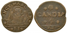 Italy, Venice, Candia (Crete), Gazzetta (2 soldi), decree of 9 August 1653. Lion of St. Mark facing, holding sword / CANDIA, rosette flanked by stars ...