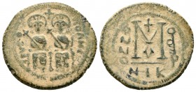 Arab-Byzantine, fals, mint of Scythopolis, AH 41-77, imitating type of Justin II, ‘maqsam’ on reverse, 11.92g Desert patina, Very Fine