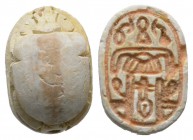 Second Intermediate Period, c. 1650-1550 B.C. Steatite scarab (16x11mm). Base engraved with protective signs, with a center position to 'goodness' and...