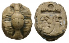 New Kingdom, c. 1504-1075 B.C. Steatite scarab (15x13mm). Base engraved with the name of Tuthmosis III and the epithet 'emanation of Ra'. The back has...