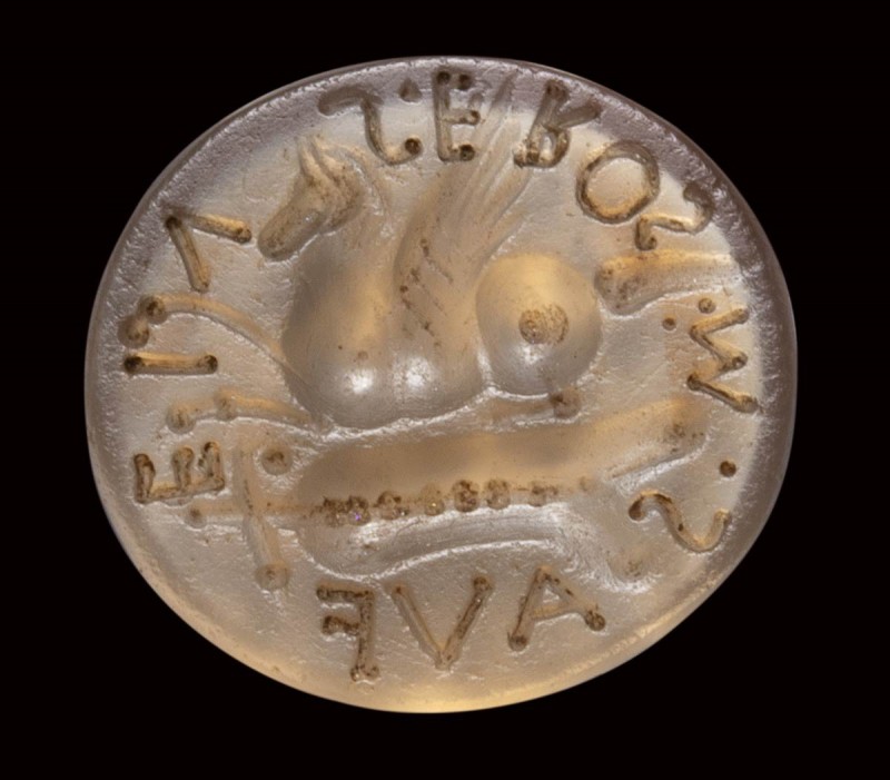 A roman italic chalcedony intaglio. Pegasus with inscription and allegorical att...