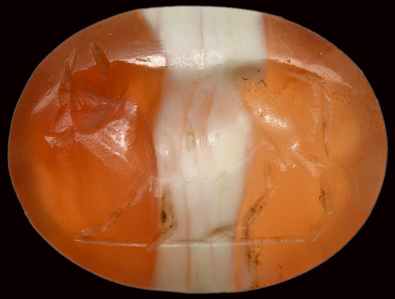 A roman banded agate intaglio. Bull. 

1st-2nd century A.D.

9 x 12 x 3,5 mm...
