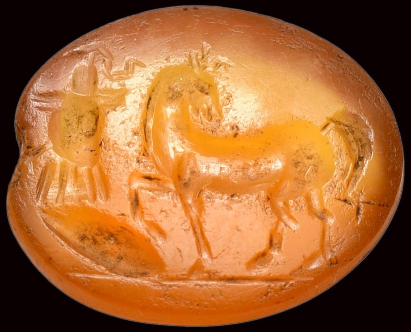 A roman carnelian intaglio. Horse with military trophy. 

2nd - 3rd century A....