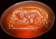A roman carnelian intaglio. The she-wolf with the twins.