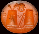 A roman carnelian intaglio. Allegorical emblema with two inscribed modius and mask.