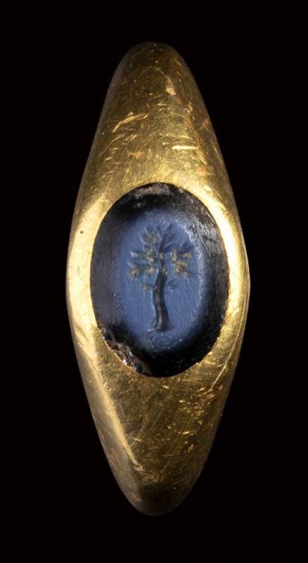 A roman nicolo intaglio set in a massive gold ring. Tree. 

1st-3rd century A....